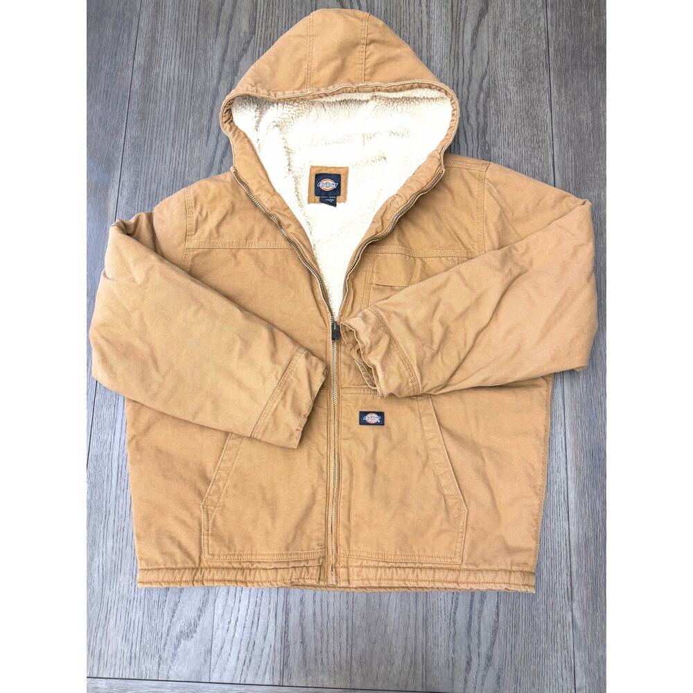 Dickies Sherpa Lined Hooded Work Jacket Brown Duck Canvas XL Heavyweight